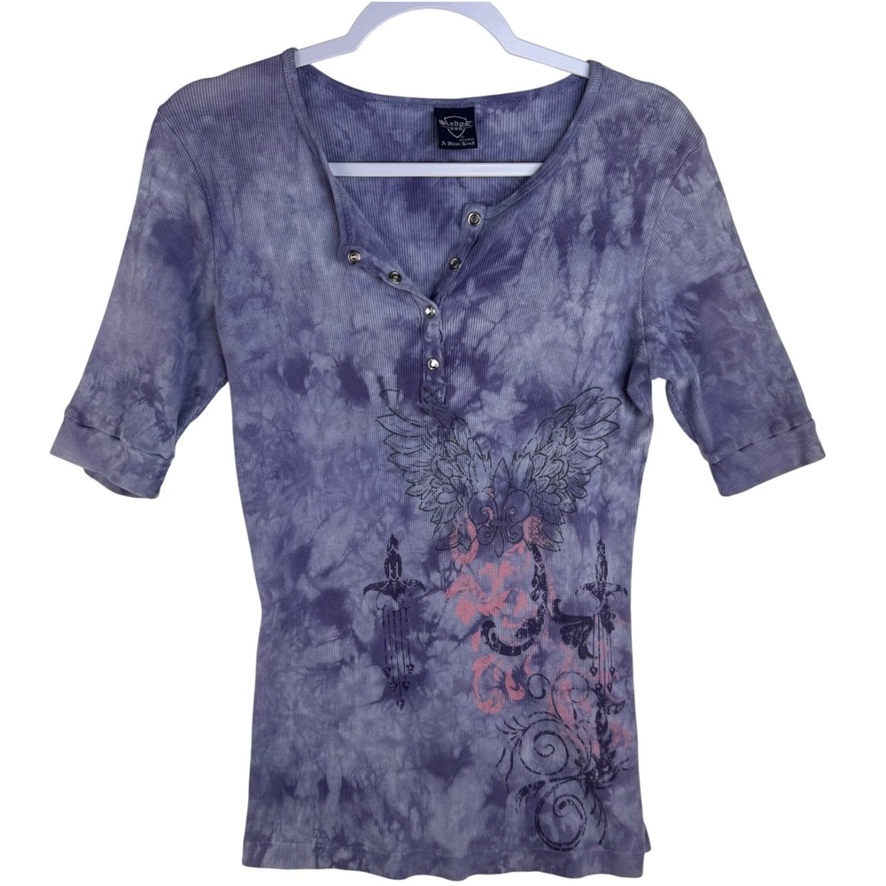 Sledge USA‎ Vintage Tie Dye Henley Top Purple Wings Graphic Y2K Ribbed XL Mens